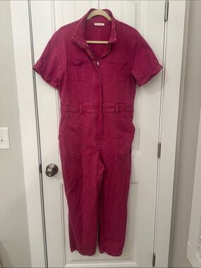 Skies Are Blue Short-Sleeve Utility Jumpsuit in Berry Pink
